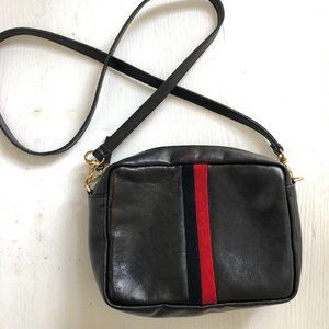 Clare V crossbody midi sac in black leather with navy and red stripes